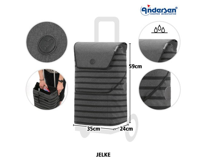 Anthrazitfarbener Einkaufswagen mit Aluminiumgestell, textiler Tasche und zwei Rädern mit 15 cm Durchmesser, Ansicht von vorne.