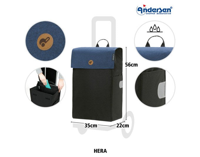 Blauer Einkaufstrolley ANDERSEN Alu Star Hera mit Aluminiumgestell, Flüsterrädern und abnehmbarer Stofftasche, Ansicht seitlich.