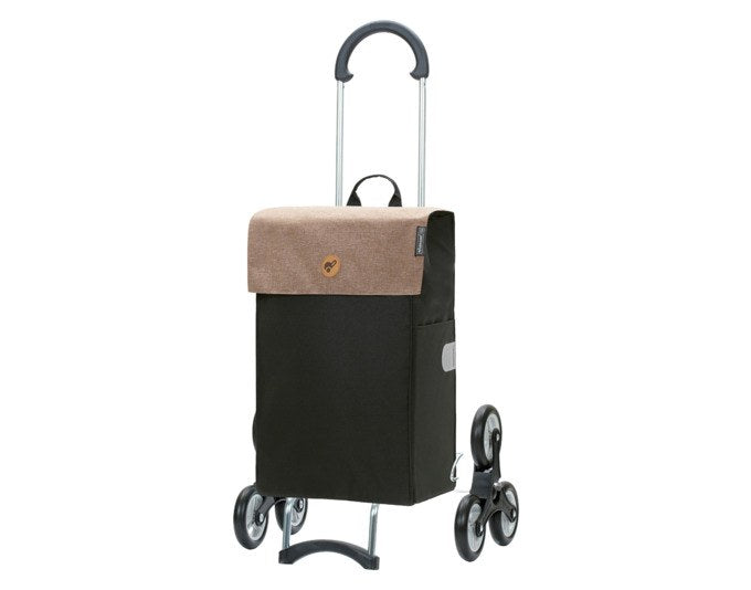 Sandfarbener Einkaufswagen mit leichtem Aluminiumgestell, abnehmbarer Tasche in Sand und zwei Treppensteigerrädern mit je drei kleinen Laufrollen.