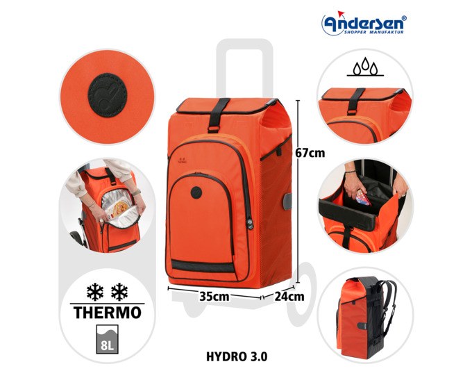 Oranger Einkaufswagen ANDERSEN Royal Hydro 3.0 mit Aluminiumgestell, vier Rädern und abnehmbarer isolierter Vortasche in Textiloptik.