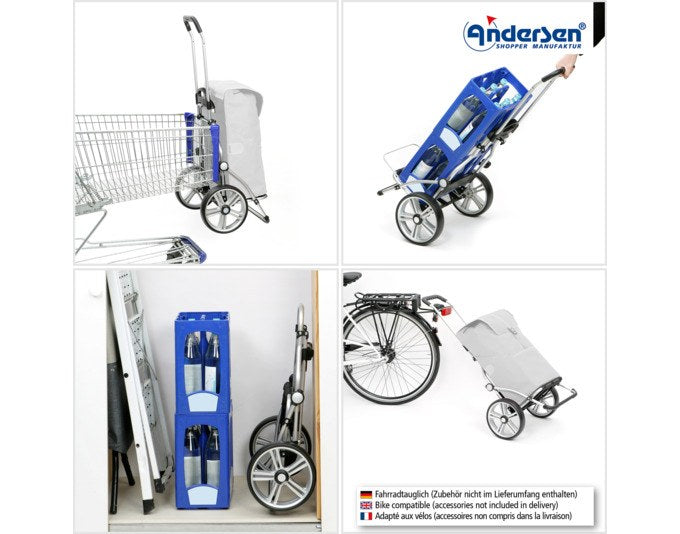 Oranger Einkaufswagen ANDERSEN Royal Hydro 3.0 mit Aluminiumgestell, vier Rädern und abnehmbarer isolierter Vortasche in Textiloptik.