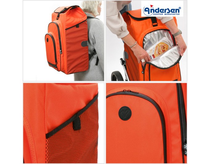 Oranger Einkaufswagen ANDERSEN Royal Hydro 3.0 mit Aluminiumgestell, vier Rädern und abnehmbarer isolierter Vortasche in Textiloptik.