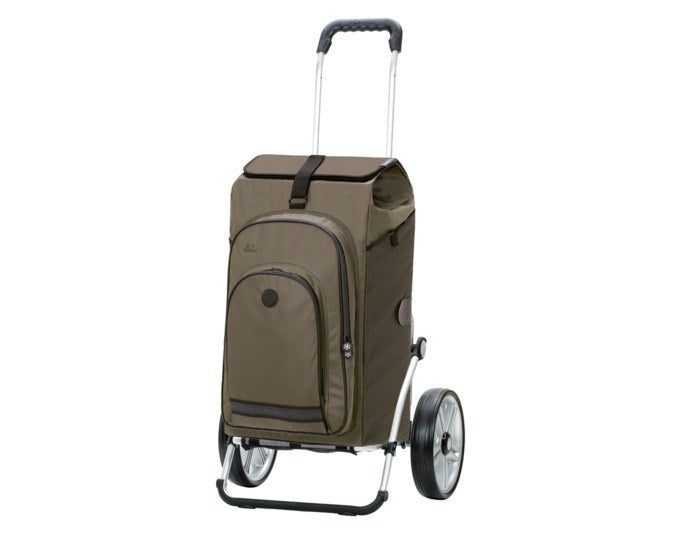 Einkaufswagen ANDERSEN Royal Hydro 3.0 in Olivgrün mit Aluminiumgestell, abnehmbarer Tasche und zwei grossen Rädern, seitliche Ansicht.