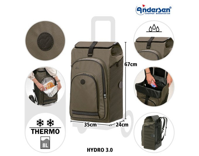 Einkaufswagen ANDERSEN Royal Hydro 3.0 in Olivgrün mit Aluminiumgestell, abnehmbarer Tasche und zwei grossen Rädern, seitliche Ansicht.