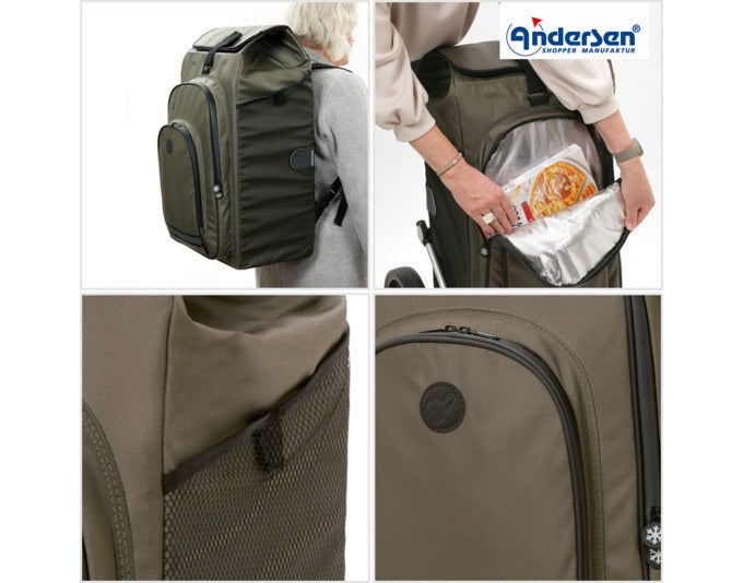 Einkaufswagen ANDERSEN Royal Hydro 3.0 in Olivgrün mit Aluminiumgestell, abnehmbarer Tasche und zwei grossen Rädern, seitliche Ansicht.