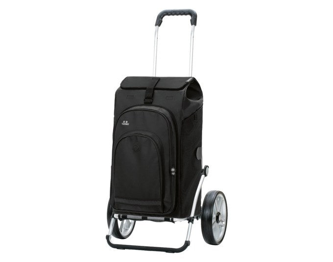 Schwarzer ANDERSEN Einkaufswagen Royal Hydro 3.0 mit Aluminiumgestell, Flüsterrädern und abnehmbarer isolierter Vortasche, freigestellt fotografiert.