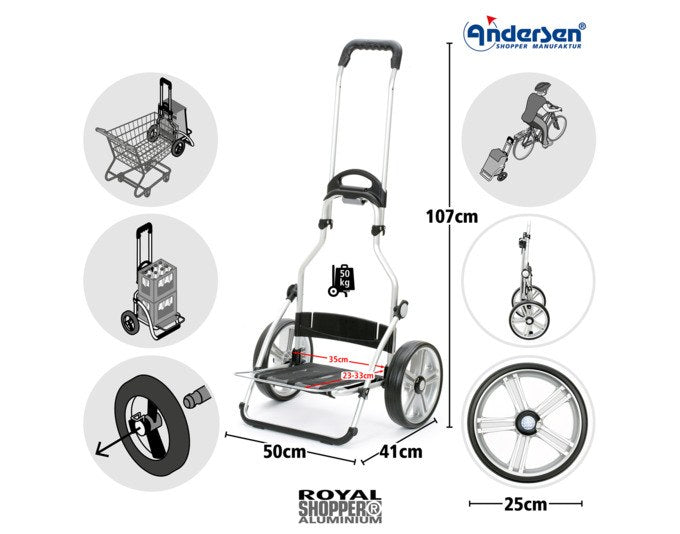 Schwarzer ANDERSEN Einkaufswagen Royal Hydro 3.0 mit Aluminiumgestell, Flüsterrädern und abnehmbarer isolierter Vortasche, freigestellt fotografiert.