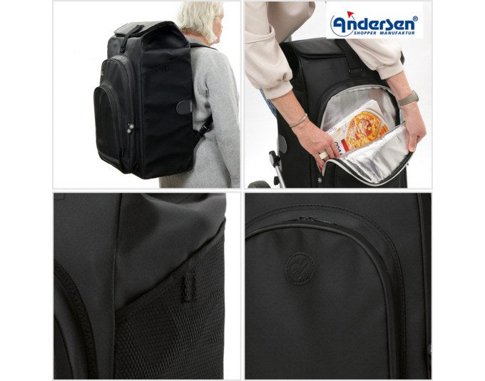 Schwarzer ANDERSEN Einkaufswagen Royal Hydro 3.0 mit Aluminiumgestell, Flüsterrädern und abnehmbarer isolierter Vortasche, freigestellt fotografiert.