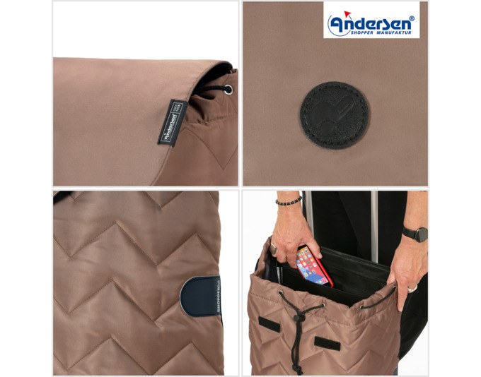Brauner Einkaufstrolley mit Aluminiumgestell, grossen Rädern und abnehmbarer Stofftasche, Seitenansicht auf hellem Hintergrund.