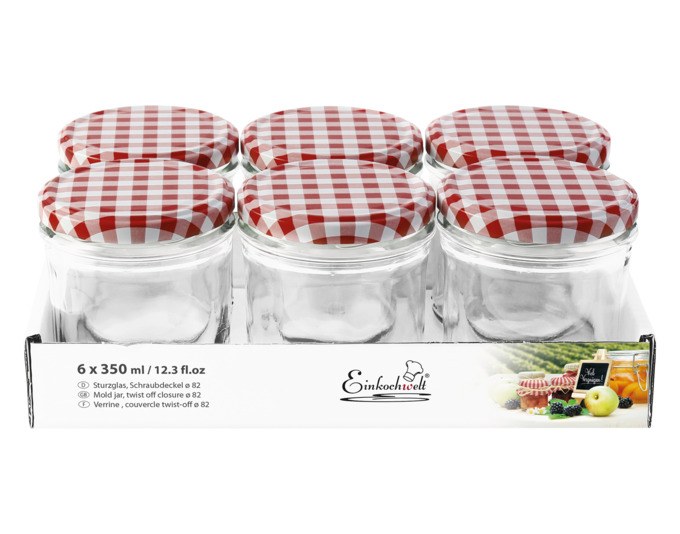 Sechs transparente Einmachgläser mit kariertem Drehverschluss-Deckel in Rot/Weiss, Fassungsvermögen 340 ml, Durchmesser 82 mm.