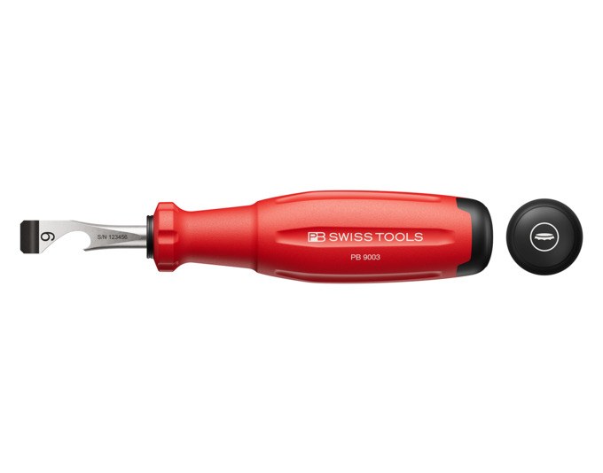 Roter PB Swiss Tools Flaschenöffner PB 9003 SwissGrip Evo aus Metall, kombiniert Kronenkorken-Öffner und Schlitzschraubendreher in einem Werkzeug.