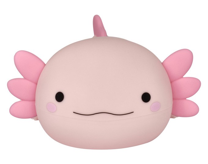Rosa Nachtlicht in Axolotl-Form aus Soft-Silikon, kompakte Grösse für Kinderzimmer, mit USB-Ladekabel.