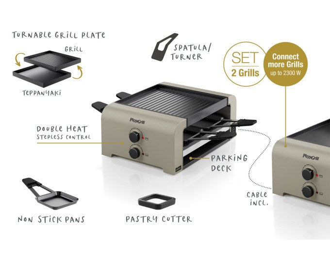 Tischgrill STÖCKLI PizzaGrill 4 Connect Set in Ivory Gold mit acht antihaftbeschichteten Pfännchen und wendbarer Aluguss-Grillplatte.
