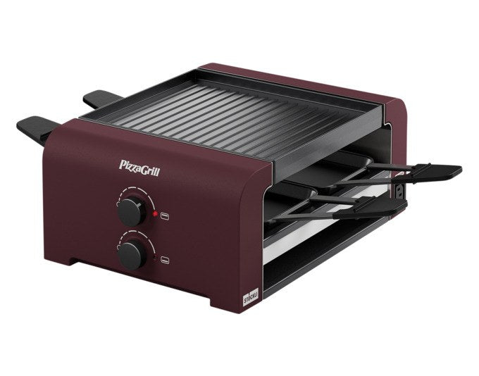 Roter STÖCKLI Tischgrill PizzaGrill 4 Connect mit vier antihaftbeschichteten Pfännchen, wendbarer Aluguss-Grillplatte und Teigausstecher.