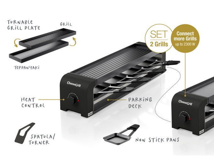 Schwarzer STÖCKLI Tischgrill CheeseGrill 4 Connect mit antihaftbeschichteten Pfännchen, Wende-Grillplatte und Parkdeck für Raclette und Grillgerichte.