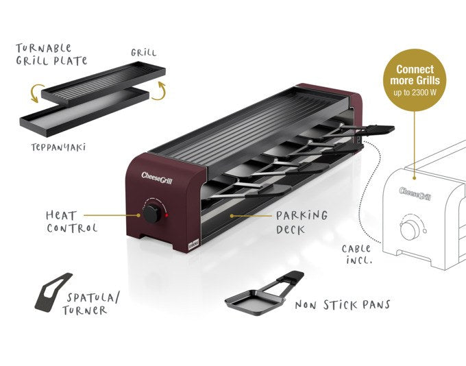 Roter STÖCKLI Tischgrill CheeseGrill 4 Connect mit vier antihaftbeschichteten Pfännchen und wendbarer Aluguss-Grillplatte für Raclette und Grillgerichte.