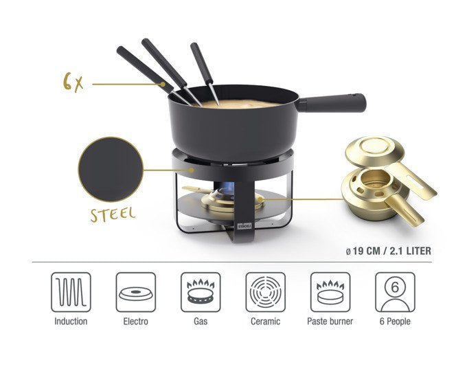 Schwarzes Fondueset STÖCKLI Pilatus Steel Emotion mit rundem Caquelon aus Stahl-Email, Rechaud, Pastenbrenner und sechs Käsefonduegabeln.