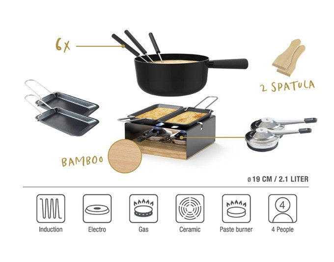Schwarzes Caquelon aus Stahl-Email mit passendem Rechaud und sechs Käsefonduegabeln, rundes Fondue-Set von STÖCKLI mit 19 cm Durchmesser.