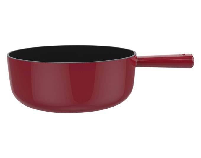 Rot-schwarzes Fondue-Caquelon aus emailliertem Gusseisen mit rundem Boden und Henkeln, Durchmesser 22 cm, Ansicht von schräg oben.