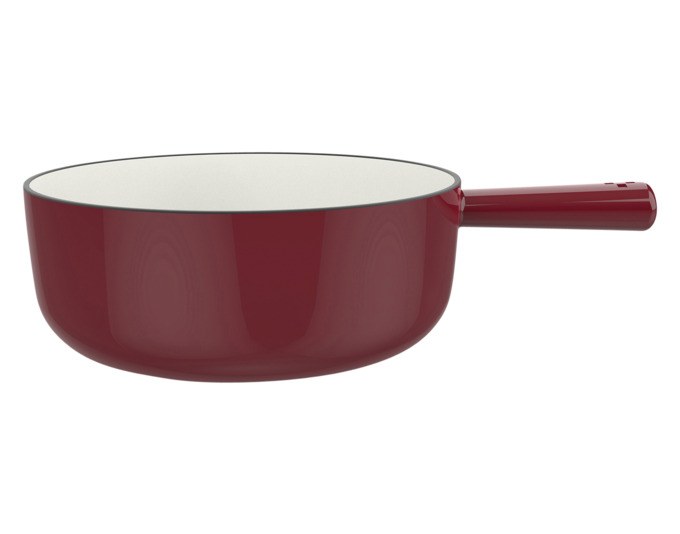Rot-weisses rundes Fonduecaquelon aus emailliertem Gusseisen von STÖCKLI, Durchmesser 22 cm, für die Zubereitung von Käsefondue.