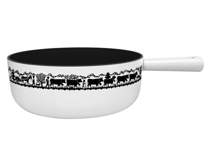 Weiss-schwarzes Fondue-Caquelon aus emailliertem Gusseisen mit rundem Boden, Durchmesser 22 cm, schwarzem Alp-Dekor am Rand.