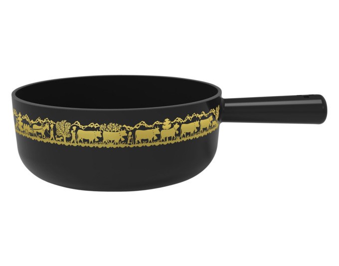 Schwarzes Fondue-Caquelon aus emailliertem Gusseisen mit goldfarbenem Alp-Dekor, Durchmesser 16 cm, rund geformt.