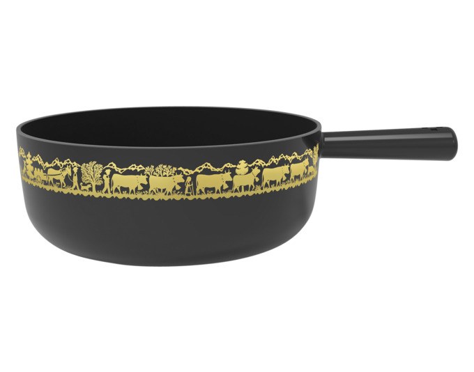 Schwarzes Fonduecaquelon Classic ALP von STÖCKLI aus emailliertem Gusseisen mit goldfarbenem Alp-Dekor, Durchmesser 22 cm, Volumen 2.7 Liter.