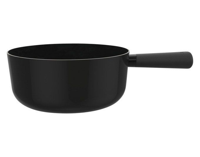 Schwarzes Fondue-Caquelon aus Stahl-Email mit schwarzem Bakelitgriff, rund geformt, Durchmesser 19 cm, für Käsefondue geeignet.