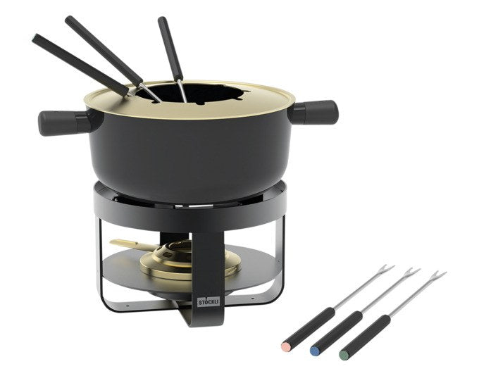 Schwarzer Fonduetopf aus Stahl-Email mit Rechaud, Pastenbrenner und Spritzschutz, Durchmesser 19 cm, Volumen 2.1 Liter.