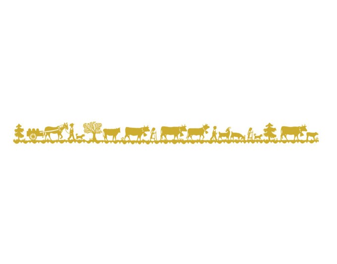 Sechs Käsefonduegabeln aus Edelstahl mit goldfarbenem Alp-Dekor, 9-eckigem Kunststoffgriff und drei Zinken, Länge 27.5 cm.