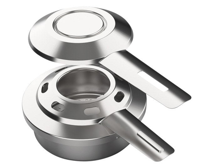 Silberfarbener Pastenbrenner aus Edelstahl mit rundem Durchmesser von 8.5 cm, arretierbare Konstruktion für Fondue-Rechauds.