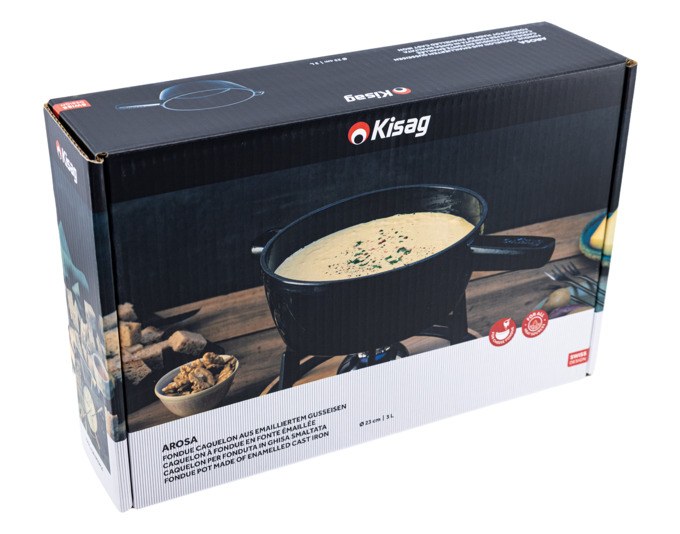 Schwarzes Fonduecaquelon aus emailliertem Gusseisen, rund, ø 23 cm, mit Griffen, auf neutralem Hintergrund fotografiert.