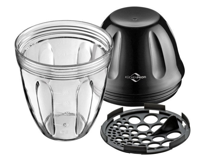 Mix- und Schüttelbecher von KÜCHENPROFI in Transparent und Schwarz, 3-teilig mit Mixeinsatz und aufgedruckter ml/oz-Skala, 250 ml Fassungsvermögen.