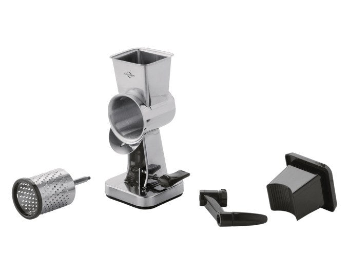 Nussmühle Mandorla von KÜCHENPROFI aus Edelstahl und Kunststoff in Schwarz und Silber, mit Reibtrommel, Saugfuss und Stössel.