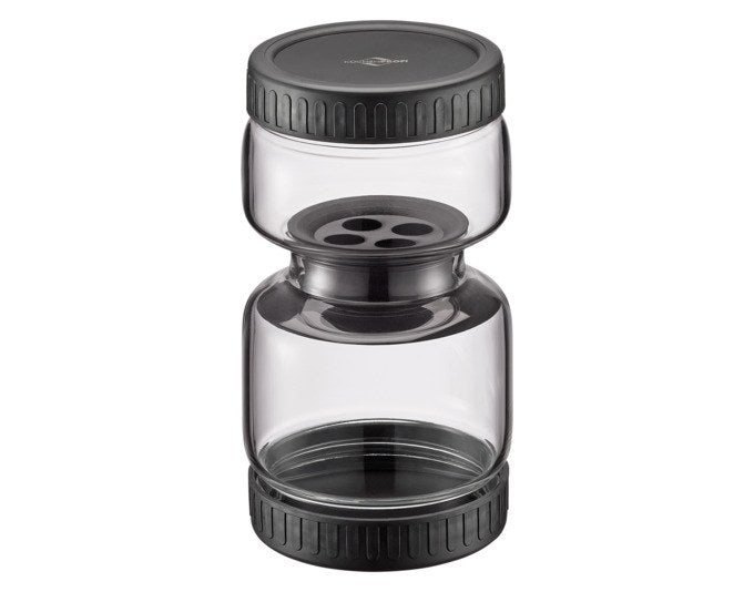 Transparentes Abtropfglas aus Borosilikatglas mit schwarzem Schraubdeckel und Silikonsiebeinsatz, zylindrische Form, 750 ml Fassungsvermögen.