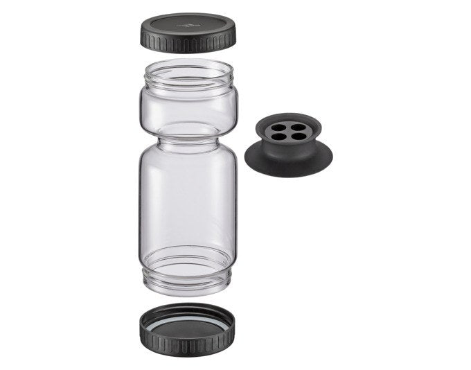 Transparentes Abtropfglas aus Borosilikatglas mit schwarzem Schraubdeckel und Silikonsiebeinsatz, zylindrische Form, 750 ml Fassungsvermögen.
