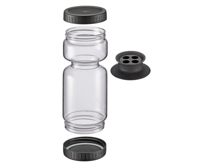 Abtropfglas Twist von KÜCHENPROFI aus Borosilikatglas mit schwarzem Schraubdeckel, Silikonsiebeinsatz und zwei Kammern für eingelegte Lebensmittel.