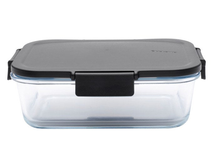Transparenter Glasbehälter mit grauem Deckel und Klickverschluss, rechteckige Form, BRABANTIA Vorratsbehälter Make&Take 1.7 Liter.