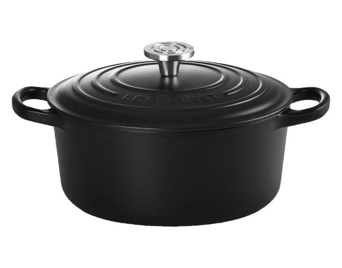 Schwarzer runder Bräter aus emailliertem Gusseisen mit Deckel, LE Creuset Signature Crucible
