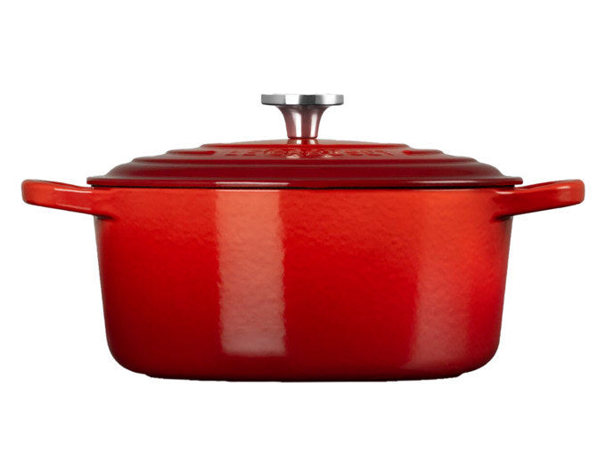 Runder kirschroter Bräter Signature Crucible aus emailliertem Gusseisen mit Deckel