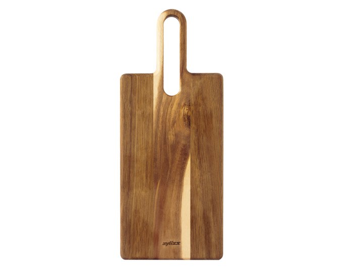 Zyliss Servierbrett aus Akazienholz in Natur/Braun, längliche Form mit Massen 43.2x18x1.9 cm, präsentiert auf hellem Hintergrund.