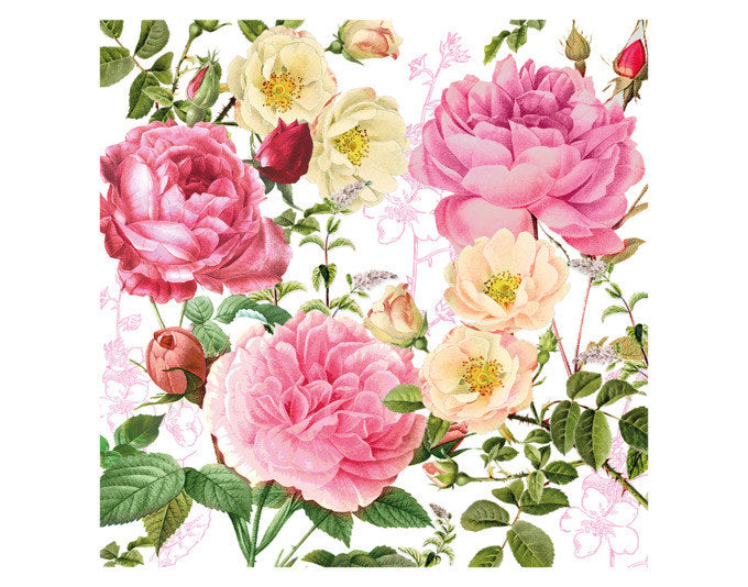 Weisse, dekorierte PPD Papierserviette Rosalie aus Tissue, dreilagig, quadratisch gefaltet, Format 33x33 cm ausgefaltet.