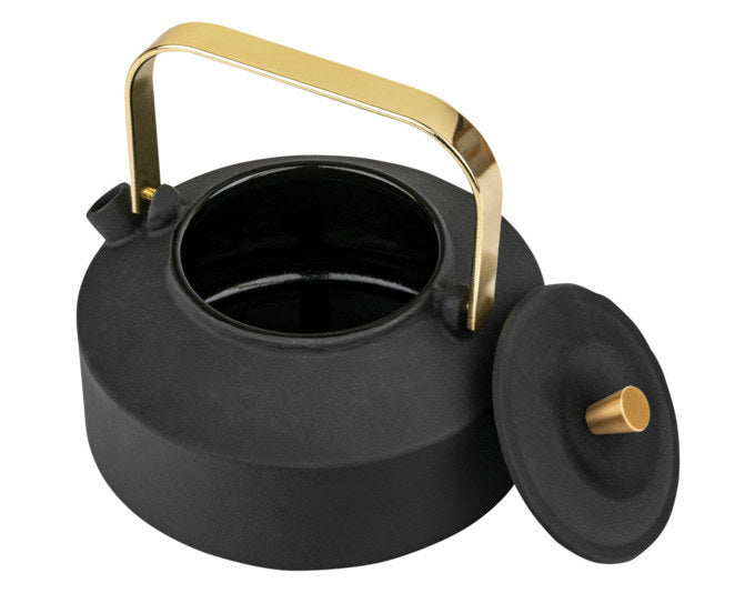Schwarze Gusseisen-Teekanne BREDEMEIJER Shangdong mit goldfarbenem Griff, Deckelknopf und Edelstahlfilter, Fassungsvermögen 1 Liter.
