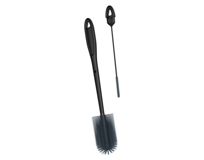 Anthrazitfarbene Becherbürste 2-in-1 mit flexiblen Silikonborsten und integrierter Trinkhalmbürste, Längen 40 cm und 27 cm.