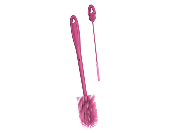 Pinke Becherbürste 2-in-1 aus flexiblem Silikon mit separater Trinkhalmbürste, Griff und runder Borstenform für Becher und Flaschen.