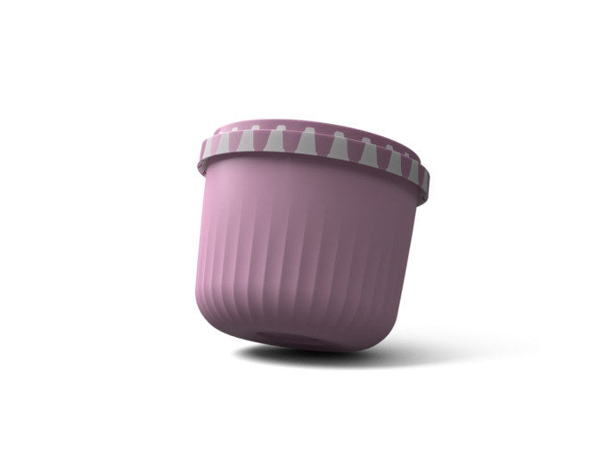 Runde Lunchbox in Lavendel-Violett mit 1-Click-Verschluss, Fächern und Deckel, Durchmesser 10 cm, Fassungsvermögen 350 ml.