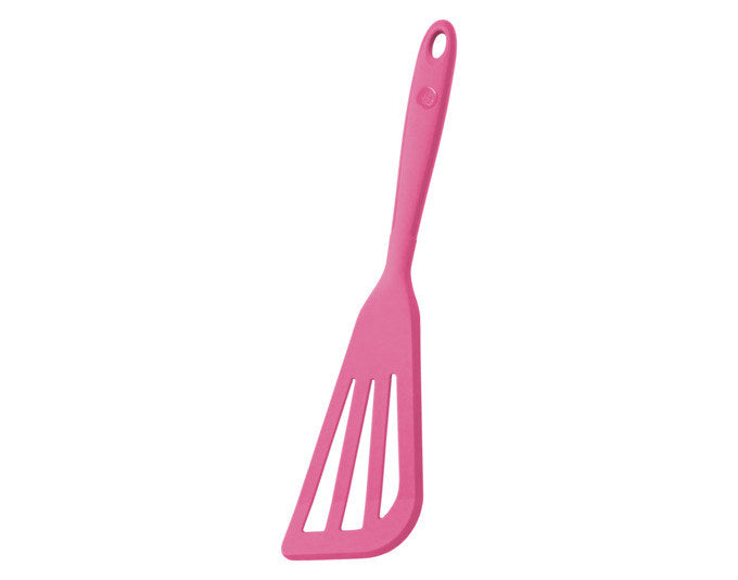 Pinker Eckwender aus Silikon mit Edelstahlkern, abgeschrägte Form und Schlitzstruktur, Länge 32 cm, Marke KOCHBLUME.