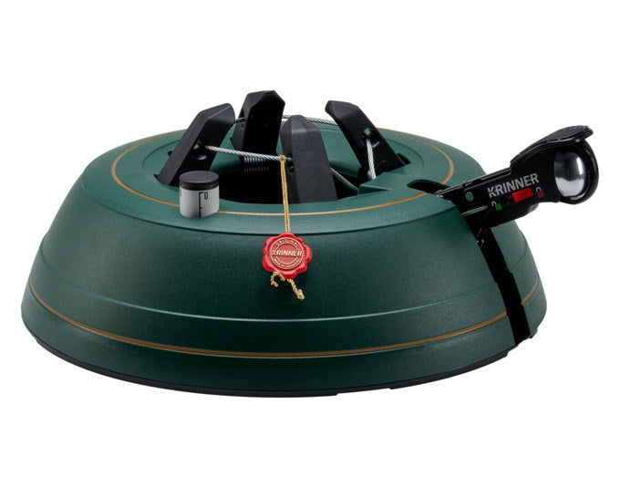 Schwarzer KRINNER Christbaumständer Ultra Grip + XL mit rundem Standfuss, Fusshebel und integriertem Wassertank für Weihnachtsbäume.