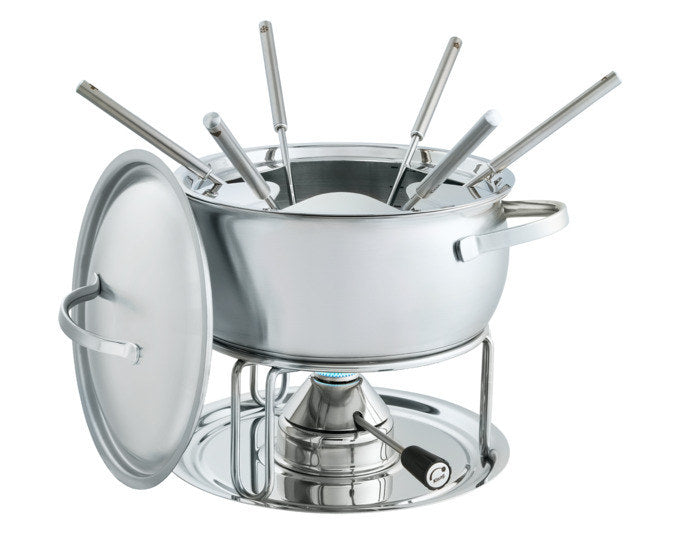 Fondueset KISAG Fondue Set Chinoise mit Edelstahltopf, Rechaud, Sicherheitsgasbrenner und sechs 2in1-Fonduegabeln in Chrom-Silber.