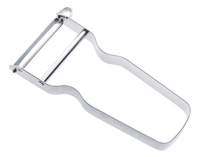 Sparschäler aus Inox mit schlankem Griff und schmaler Klinge, kompakte Form für die Aufbewahrung in Küchenschubladen.